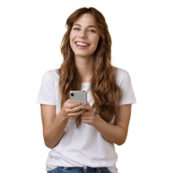 Lady Smiling and Holding a Mobile Phone